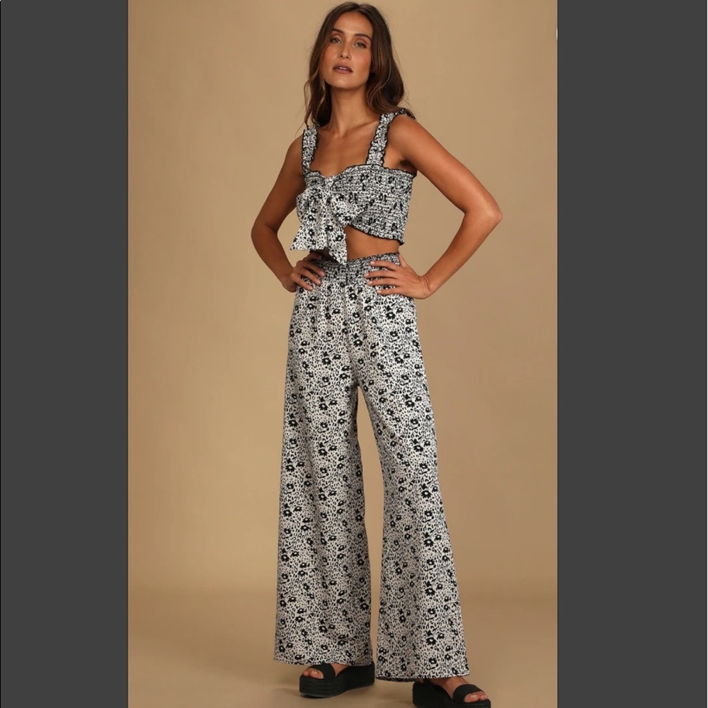 Lulus Beneath the Sun Black Floral Print Two-Piece Wide-Leg Jumpsuit